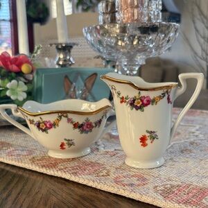 Porcelain Floral Creamer and Sugar Set - White with Pink & Orange Flowers